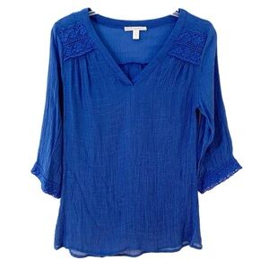 Maria Gabrielle Gauze and Crocheted Lace BlouseThree Quarter Sleeve Royal Blue💙